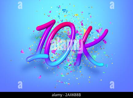 10k followers celebration design with Rainbow numbers, sparkling confetti and glitters. Realistic 3d festive illustration. Party event decoration Stock Vector