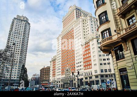 Madrid, Spain - February 11, 2020. Plaza de Espana square with the Espana building in the background. Downtown Madrid, Spain. Stock Photo