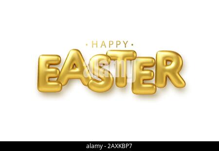 Golden metallic shiny typography Happy Easter. 3D realistic lettering for the design of flyers, brochures, leaflets, posters and cards Stock Vector