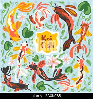 Colorful koi fishes. Vector stock illustration koi carp abstract. Japanese, Chinese swimming carps in pond with lotus leaf, floral and algae. Modern Stock Vector