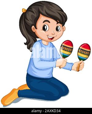 Girl playing maracas on white background illustration Stock Vector