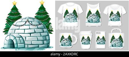 Christmas theme with igloo on many products illustration Stock Vector