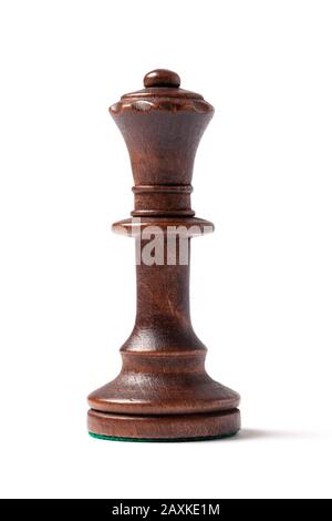 Black queen, single wooden chess piece, figure isolated on white background. Stock Photo