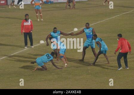 Kabaddi players seem in action during the match playing between India vs Sierra Leone, as Indian Kabaddi team win by 18-45 during Kabaddi World Cup 2020 at Punjab Stadium Lahore. Kabaddi World Cup 2020 begins in Pakistan. All is set for the 'Kabaddi World Cup 2020' being hosted in three cities Lahore, Faisalabad and Gujrat from February 09 to 16 February. respectively. The event is jointly organized by Punjab government, Sports Board Punjab (SBP) and Pakistan Kabaddi Federation (PKF). (Photo by Rana Sajid Hussain/Pacific Press)