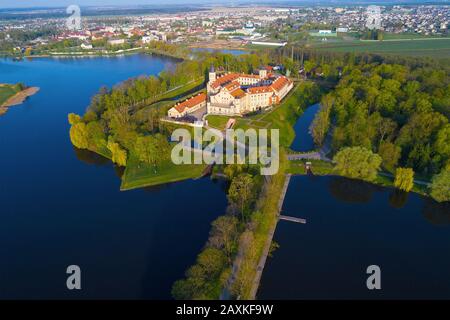 Spring landscape with the old Nesvizh castle. Belarus Stock Photo