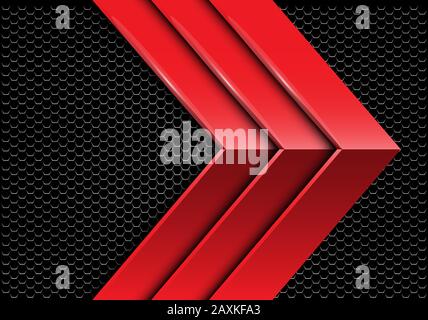 Abstract triple red metallic arrow direction on dark hexagon mesh design modern futuristic background vector illustration. Stock Vector