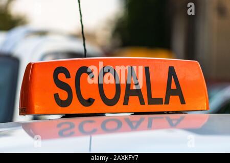 Driving school (scoala) sign, romanian driving school car sign. Stock Photo