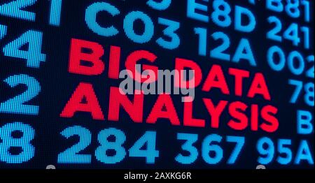 Big data analysis pixel display style with keywords on digital background. Concept of innovation, artificial intelligence and social scoring 3d illust Stock Photo