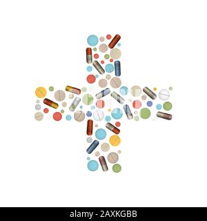 Cross shape with tablets. Pharmacy design. Vector illustration. Stock Vector
