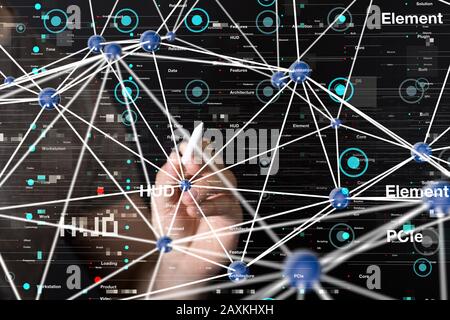 Businessman working with a virtual projection of computing cloud Stock Photo
