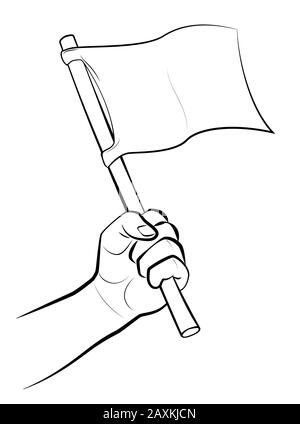 Waving white flag. Male hand with symbol or signal for surrender, capitulation, conceding victory or offering peace  - comic illustration. Stock Photo