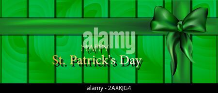 Horizontal banner for St. Patrick's Day. Green wooden background, ribbon with bow and congratulatory text. Place for inscription. Realistic vector ill Stock Vector
