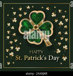 CLOVER SHEET on a green background. JEWELERY. Golden clover. Chic postcard for Saint Patricks Day Stock Vector