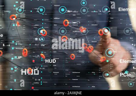 Businessman working with a virtual projection of computing cloud Stock Photo
