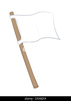 White flag. Waving cloth with wooden pole - outline comic illustration on white. Stock Photo