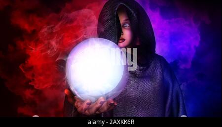 Witch hold ball glass on right hand and spell magic with abstract smoke background,Days of the dead concept.3d rendering. Stock Photo