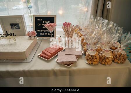 Dessert table with party favors, marshmallow, wafers cookies and sticks, cake and table napkin, Stock Photo