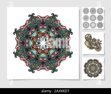 set of circle lace ornament, round ornamental geometric doily pattern in indian kalamkari style Stock Vector