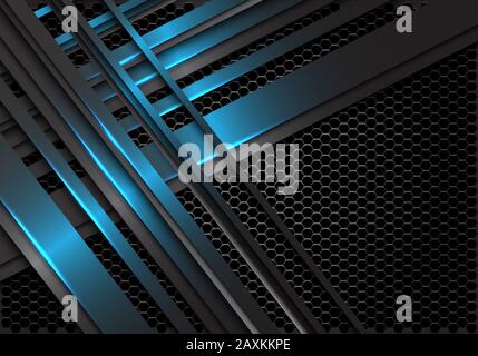 Abstract blue metallic line overlap on dark hexagon mesh design modern futuristic background vector illustration. Stock Vector