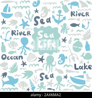 Sea life, ocean trip, underwater world, summer marine cruise. Stock doodle flat illustration. Blue, indigo, mint. Text sea, lake, ocean, river. Good Stock Vector