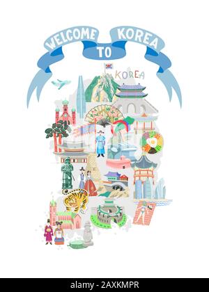 welcome to Korea blue ribbon poster with map and hand drawing symbols icon Stock Vector