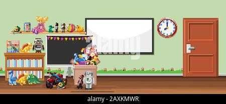 Background scene with whiteboard and toys illustration Stock Vector