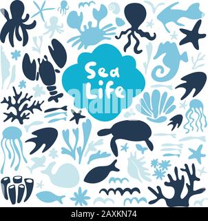 Sea life, ocean trip, underwater world, summer marine cruise, seafood, pier cartoon primitive design elements. Collection of doodle flat illustration Stock Vector
