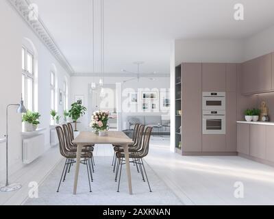 3D-Illustration of a nordic kitchen in modern aparment Stock Photo