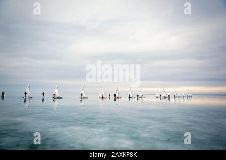 ice sailing European Championship on the Balaton / Balaton in Hungary, The participants of the regatta are on starting position and waiting for the st Stock Photo
