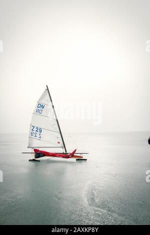 Ice sailing European championship on Lake Balaton in Hungary, the participants prepare the ice sailors for the regatta in the morning. The ice sailor Stock Photo