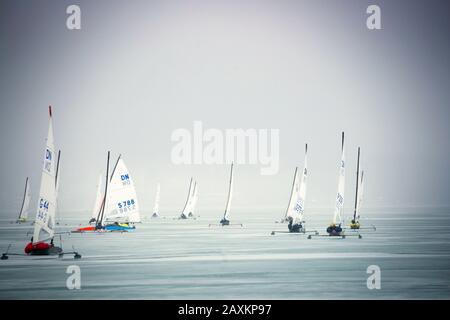 ice sailing European Championship on Lake Balaton / Hungary, The participants of the regatta are on the way to the turning point after the starting si Stock Photo