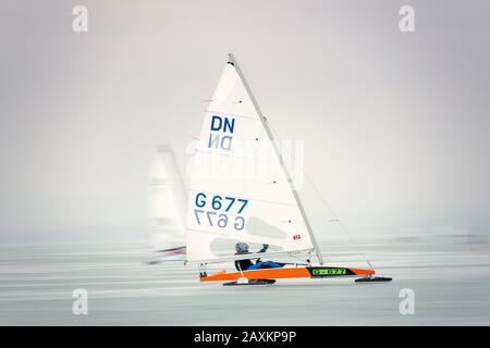 Ice sailing European championship on Lake Balaton in Hungary, ice-sailing at high speed on the way to the turning point Stock Photo