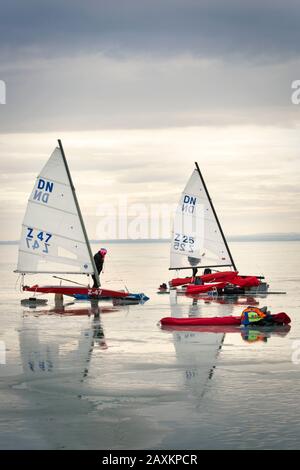 ice sailing European championship on Lake Balaton in Hungary, the participants prepare the ice sailors for the regatta in the morning Stock Photo