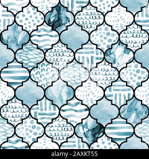 Abstract moroccan geometric seamless pattern in monochrome turquoise colors. Watercolor grid background with waves, doodle stripes, grained, grunge, p Stock Photo