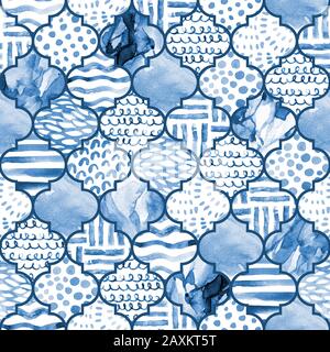 Abstract moroccan geometric seamless pattern in monochrome marine blue colors. Watercolor grid background with waves, doodle stripes, grained, grunge, Stock Photo