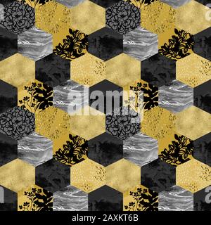 Hexagon seamless pattern with flower silhouettes, doodle elements. Geometric shape with watercolor, marbling, gold grained, grunge, paper, geo texture Stock Photo