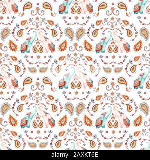 Tribal watercolor seamless pattern: elephant, paisley ornament. Ethnic indian elephants background. Hand drawn illustration for prints, wallpaper, clo Stock Photo