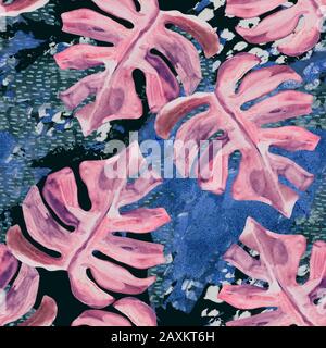 Summer abstract seamless pattern: watercolor tropical leaves on grunge textured background. Exotic vegetation in night-time. Hand drawn tropics art il Stock Photo