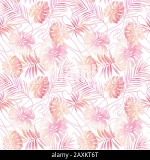 Pastel colored tropical florals, vintage ornament seamless pattern. Watercolor botanical illustration: tropical leaves silhouettes on tracery backgrou Stock Photo
