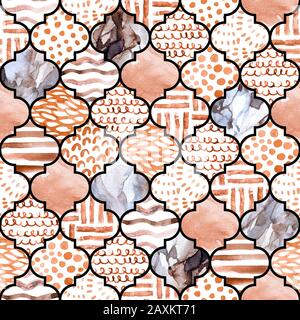 Abstract moroccan geometric seamless pattern on dark background. Watercolor grid with waves, doodle stripes and water color marble, grained, grunge, p Stock Photo