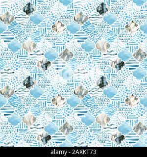 Abstract moroccan geometric seamless pattern on light background. Watercolor grid with waves, doodle stripes and water color marble, grained, grunge, Stock Photo