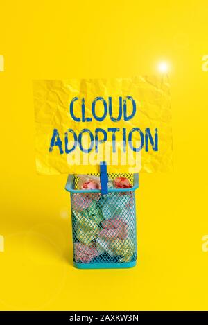 Text sign showing Cloud Adoption. Business photo text strategic move by organisations of reducing cost and risk Trash bin crumpled paper clothespin em Stock Photo