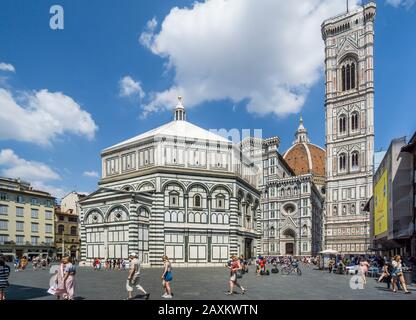 Florence Cathedral with Giotto's bell tower and Baptistery of St. John from Piazza del Duomo, Florence, Tuscany, Italy
