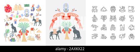 egyptian symbols set in different style, hand drawing icon egypt travel Stock Vector