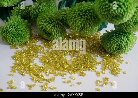 Multitude of yellow tubular toho beads and green Chrysanthemum on light cream background. Beads used for embelishing garments. Stock Photo