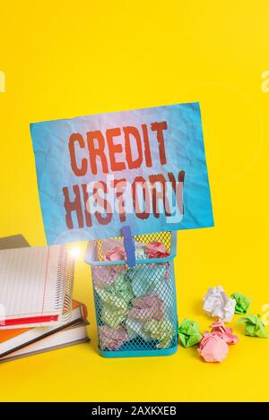Text sign showing Credit History. Business photo showcasing record of a borrower s is responsible repayment of debts Trash bin crumpled paper clothesp Stock Photo