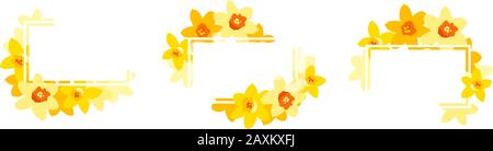 Vector set of bright positive floral frames with yellow narcissuses isolated on white. Greeting card template, poster. Design concept for banner Stock Vector