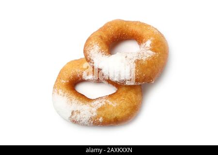 Donuts with powdered sugar isolated on white Stock Photo