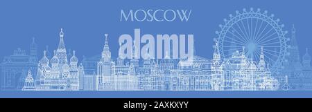 Panoramic vector line art illustration of landmarks of Moscow, Russia. Moscow city skyline vector illustration in white color isolated on blue backgro Stock Vector