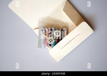Sewing Kit for first Aid on grey background Stock Photo